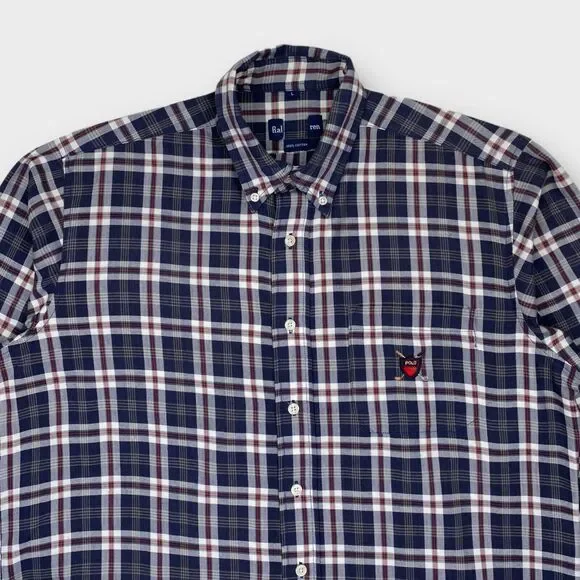 VINTAGE Ralph Lauren Shirt Mens Large Polo Golf Crest Logo Check Navy Red Preppy - Picture 6 of 15